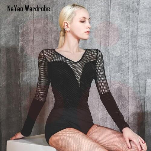 2020 New DL650 Latin Dance Dress Women Bodysuit Long Sleeve Patchwork Tops for Ballroom Tango Chacha Dancing Performamnce