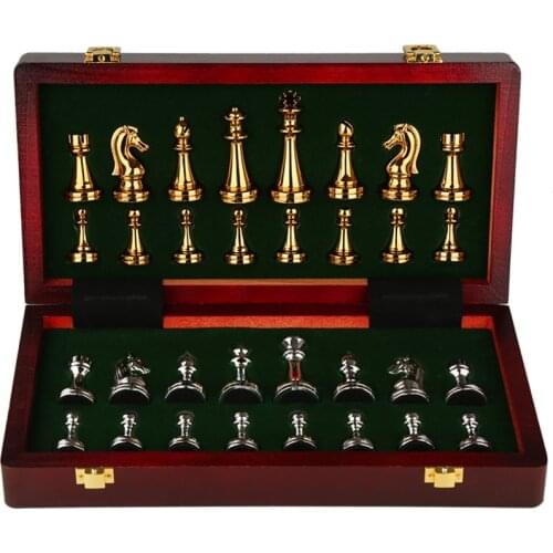 Gold Silver Luxury Zinc Alloy Chess Figures 30*30*2.8cm Wooden Chess Set Folding Retro Home Chess Decoration Set Chessboard Game