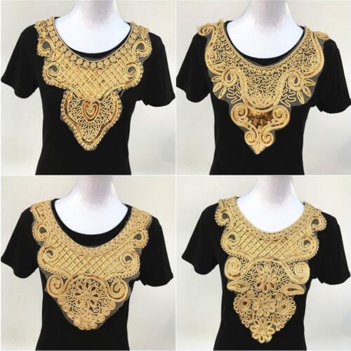 1pcs Craft Gold Neckline collar Venise Sequin Floral Embroidered Applique Trim Decorated Lace Neckline Collar Sewing Accessories