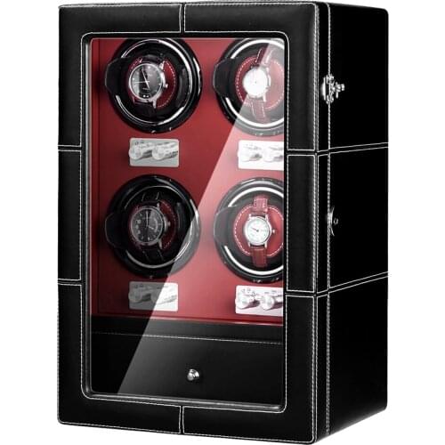 10 Modes AAA Quality Microfiber Black Watch Winder with Quiet Motors 4+4 Storage Red PU Leather Interior AC Adapter