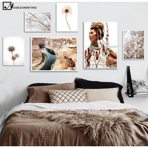 Boho Woman Poppy Flower Nordic Poster Autumn Nature Landscape Print Wall Art Canvas Painting Picture Scandinavian Home Decor