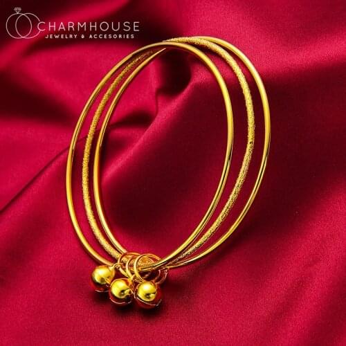 24K Yellow Gold Filled Charm Bangles For Women 3 Loops Bell Pendant Bracelet & Bangles Pulseras Mujer Wedding Jewelry Bijoux