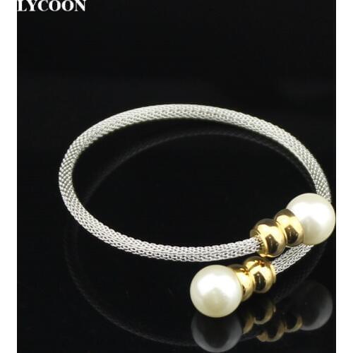 LYCOON Free shipping fashion women net pearls cuff bangles 316L stainless steel adjustable bangle bracelets for girls friend