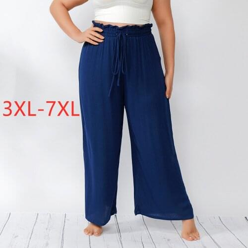 New 2021 Ladies Summer Plus Size Long Pants For Women Loose Casual Blue Wide Leg Home Wear Belt Trousers 3XL 4XL 5XL 6XL 7XL