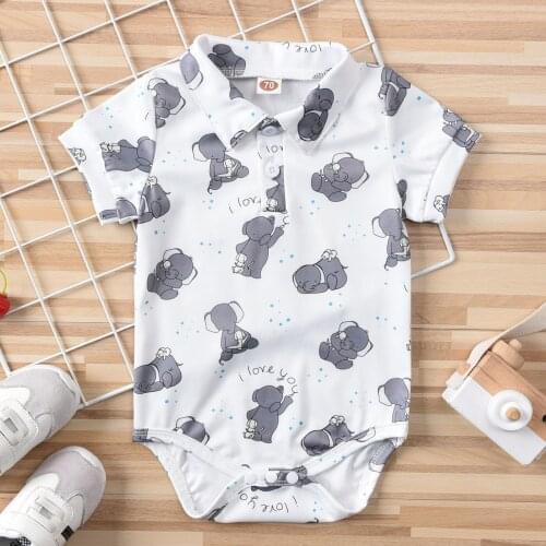 Cartoon Elephant Printed Baby Rompers Summer Toddler Clothing Lapel Short Sleeve Cotton Infant Girls Jumpsuit Outfit Clotthes
