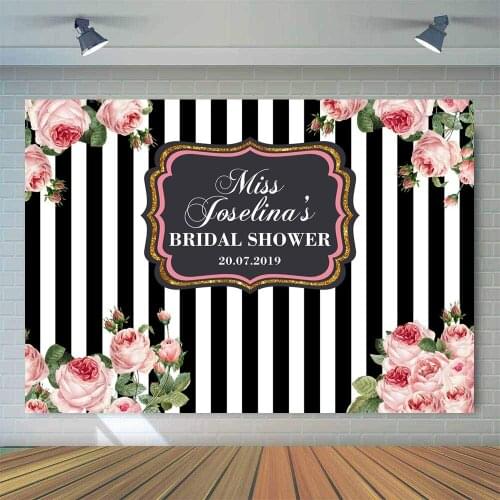 Bridal Shower Backdrop for Photography Wedding Ceremony Background for Photo Studio Photocall Flowers Black and White Stripe