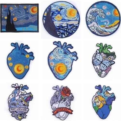 Van Gogh Oil Painting Butterfly Red Rose Heart Patch For Clothing Iron On DIY Hippie Embroidery Patches For Clothes Moon Stripe