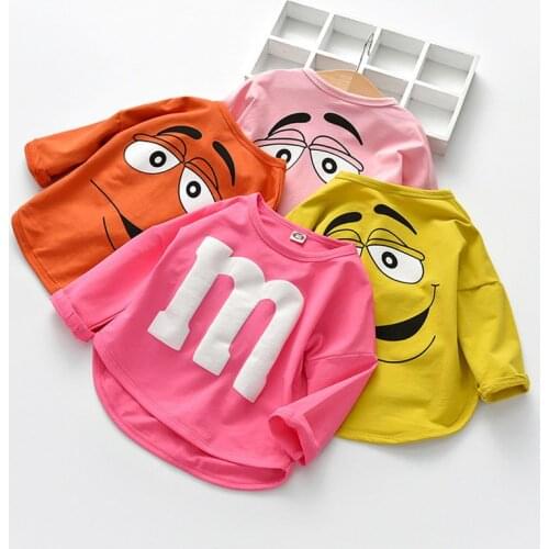 2020 Long Sleeved Baby Boys T-shirt Cotton Spring Autumn Cartoon Letter M Tops Kids Tees Candy Colors Toddler Girls T Shirt 1-6T