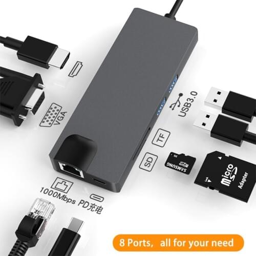 8 in 1 Type C Hub USB C to HDMI-compatible HDTV VGA USB 3.0 SD/TF Reader RJ45 1000M USB-C Power Delivery for MacBook Pro Adapter