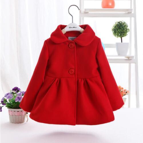 2020 Spring Fall New Little Girls Red Woolen Coat Female Baby Kids Casual Lapel Wool Jacket Children Clothes Long Outerwear X64