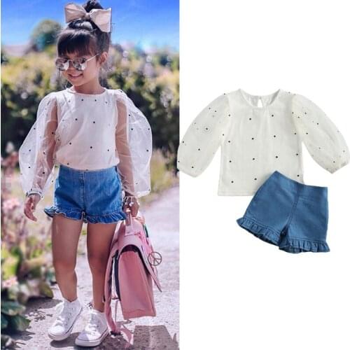 1-6Y Fashion Kids Girls Clothes Sets Polka Dot Print Long Lace Puff Sleeve Tops Ruffles Shorts 2pcs