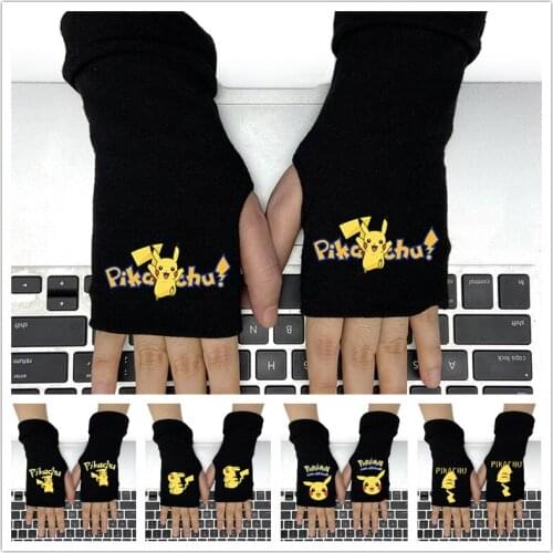 Pokemon Pikachu Five Finger Touch Screen Gloves Cartoon Printing Warm Gloves Winter Gloves Black Fashion Gloves Long Gloves