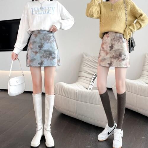 Korean Girls Style Sexy Tie Dye Mini Skirts for Autumn Fashion Trends PU Clothing Teenage Faux Leather Skirt Hot Club Streetwear