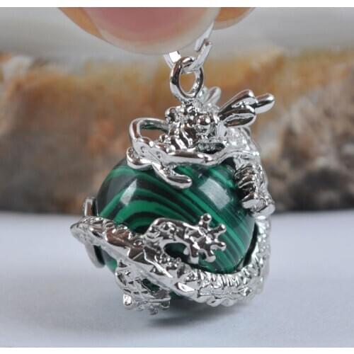 Dragon Pendant Natural Stone 16MM Round Bead Green Malachite Fit Necklace For Men Women Jewelry Gift Earrings Gem K1914