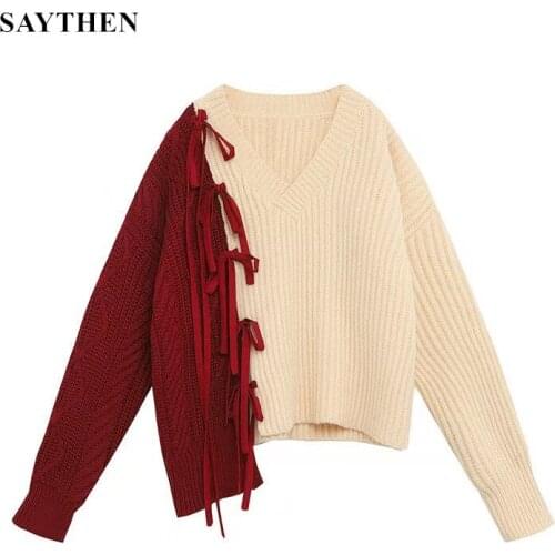 SAYTHEN 2021 Autumn And Winter KoreanDesign Popular V-Neck Sweet Knit Long-Sleeved Lace Sweater