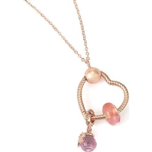 Silver Plated Pink Crystal Zircon Pendant Beads Circle Necklaces Gift For Girl Chain Choker Love Heart Necklaces Jewelry Gift