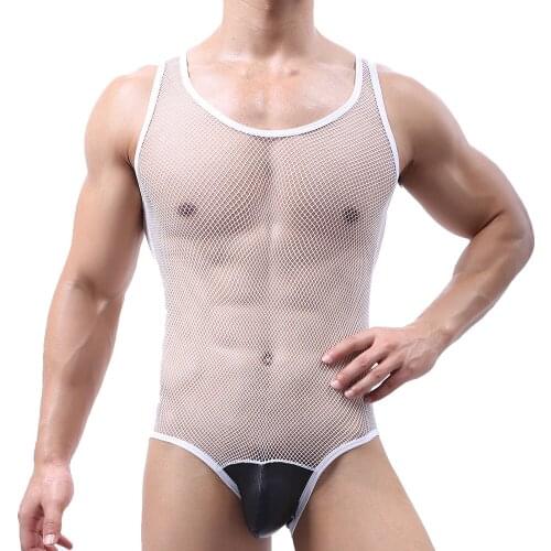 Sexy Mens Lingerie Undershirts Mesh See Through PU Leather Bugle Pouch Bodysuit Wrestling Singlet Jumpsuit Sleeveless Underwear