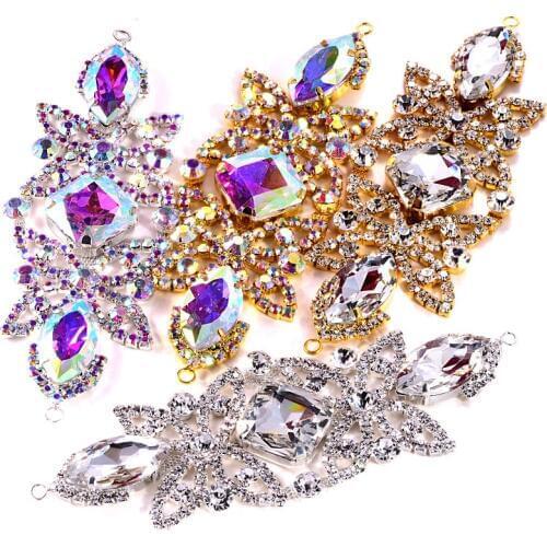 1pcs 15x5cm Crystal AB Sew On Rhinestones Applique Gold / Silver Bottom Flatback Clear Sewing for Wedding Dress B1295