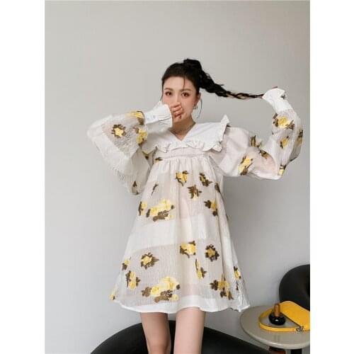 Spring/Summer 2021 New Pink Jacquard Doll Collar Lantern Sleeve Dress Lolita Princess Cute Kawaii Chic Fairy Party Dress