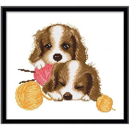 Funny Puppy Dog Looking at a Bumble Bee Leaning on Table Playing with Wool Ball Stamped Cross Stitch Kit