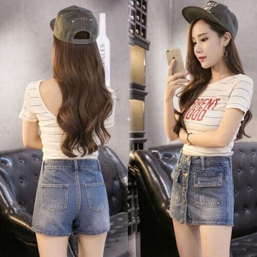 Womens Denim Shorts Skirt Korean Version of The Wild High-waisted Breasted Anti-fade Culottes Half-length Skirt Fake Two