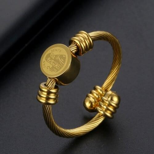 Religion Catholicism San Benito Rosary Ring Women Stainless steel Open Cuff Ring Christian Jewelry Gift