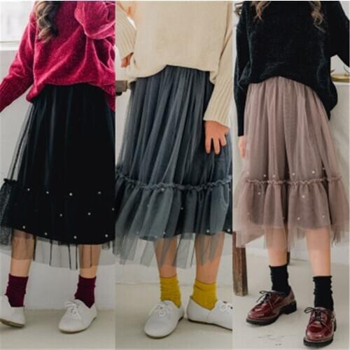 2021 Childrens Skirt Pearl Lace Kids Mesh Beaded Baby Skirts Tutu Bottom Girl Skirt Children Dance Skirt for Party