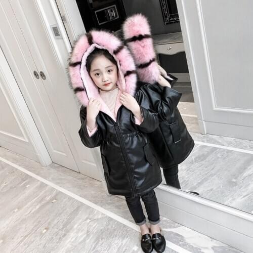 2020 Winter Girls Plus Velvet Pu Leather Jackets Child Fur Collar Fashion Slim Coats Kid Hooded Thickening Warm Leather Parkas