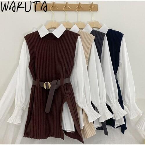WAKUTA Elegant White Short Blouse Dress and Knitted Long Vest 2 Piece Set Women Korean Fashion Flare Sleeve Sashes Design Suits