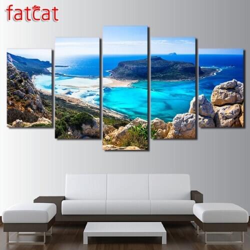 FATCAT 5 Pieces Blue Sea Beach Island Seascape Diy Diamond Painting Full Square Round Drill Diamond Embroidery Sale Decor AE948
