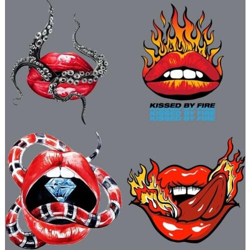 Cool hot movie monster flame red lips diamond printing heat transfer DIY iron can be customized on womens clothing T-shirts