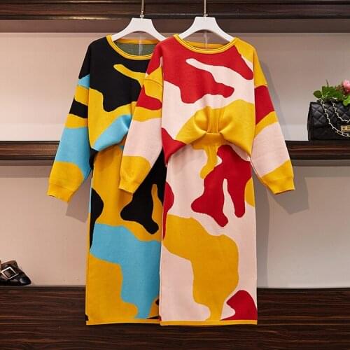 Leopard Jacquard Knitted Sweaters 2 Piece Set Vintage Long Sleeve Pullover Tops + Pencil Skirt Two Piece Set Plus Size 4XL Suits