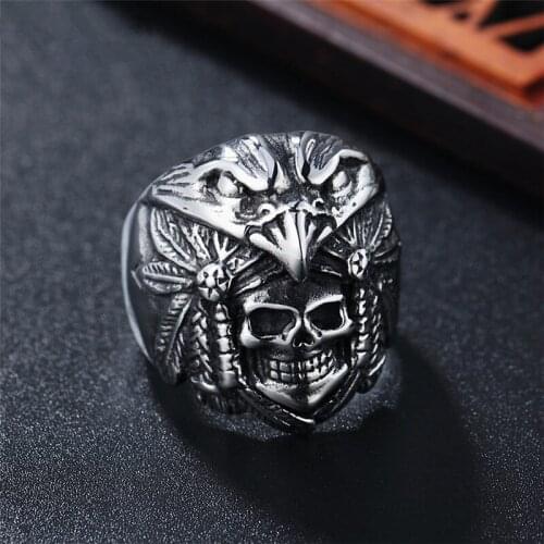 Men 316L Stainless Steel Punk Rock HipHop Vintage Men Rings Skull Eagle Indian Carving ring