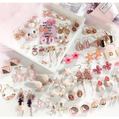 Pink Flower Tassel Star Geometric Acrylic Pearl Korean Women Drop Dangle Earrings Sets Fashion Jewelry Accessories Wholesale-DDE