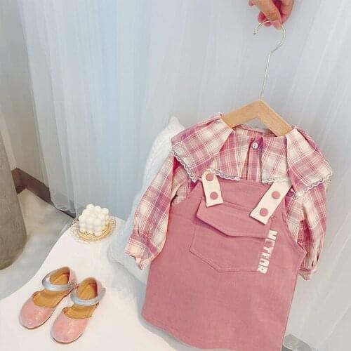 Autumn Toddler Girl Clothes Sets Fashion Plaid Doll Collar Shirts Pink Strap Dress 2pcs For Girl 2 3 4 5 6 Y Kids Dress Set New