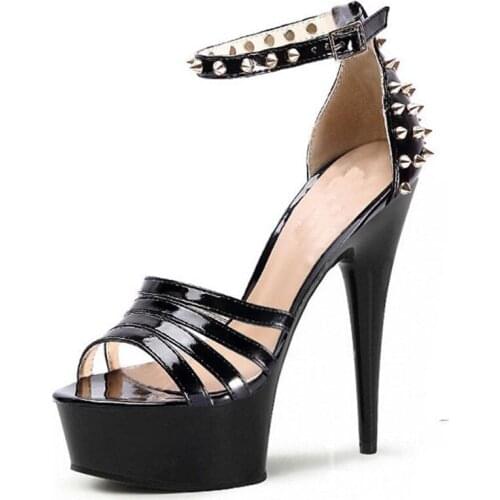 15cm stiletto sandals sexy rivet stage shoes buckle strap sexy punk strappy sandals 6 inch club party Dance Shoes