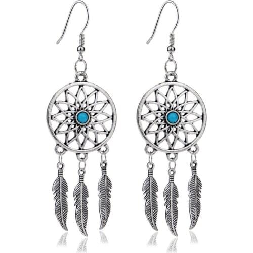 New Fashion dream catcher Silver Plated Ear Drop Green Stone feathers Earrings EAR-0780
