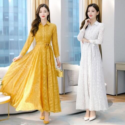 Vintage Midi Dress Plus Size Polka Dot Chiffon Boho Black Beach Dress Women 2021 Autumn Winter Party White Casual Maxi Vestidos