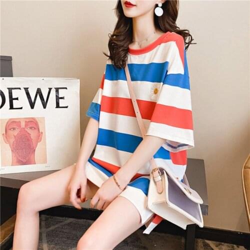 Loose Rainbow Striped T-Shirt WomenS Short-Sleeved Summer Korean Daisy Student Embroidered Top Trend