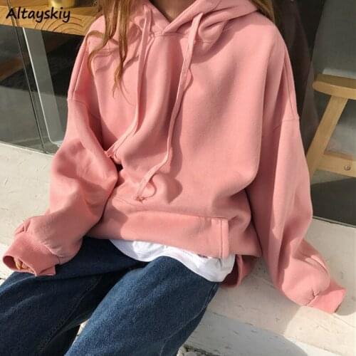 Hoodies Women Thickening Soft Simple Pink Basic College Teens Korean Hoodie with Hat Winter Autumn Warm Lovely Ladies Sweatshirt