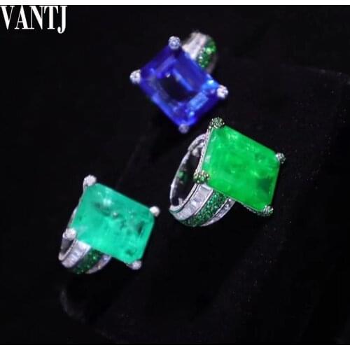 VANTJ New Paraiba Rings Sterling 925 Silver Created Sapphire Emerald Big Stone15*20mm for Women Party Wedding Jewelry Gift