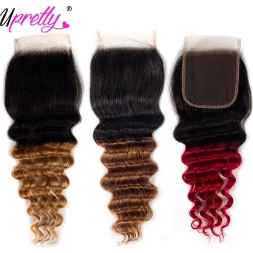 Upretty Hair 4x4 Lace Closure 1B 27 30 Burgundy Colored Brazilian Loose Deep Wave Closure Honey Blonde Ombre Human Hair Closure