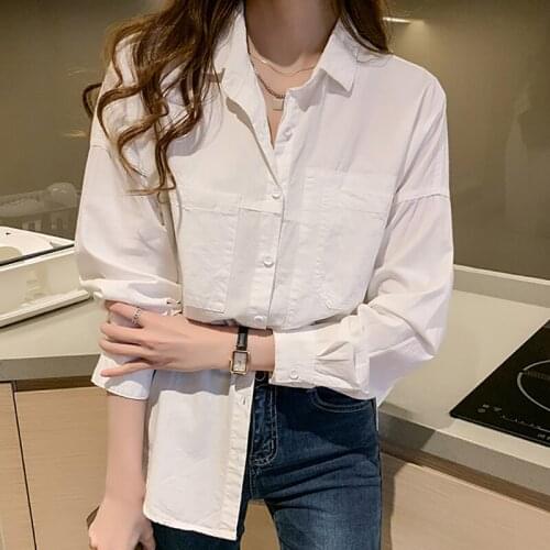 Shintimes Chemisier Femme Pockets Loose White Shirt Women Korean Style Clothes 2020 Fall Long Sleeve Blouse Button Womens Tops