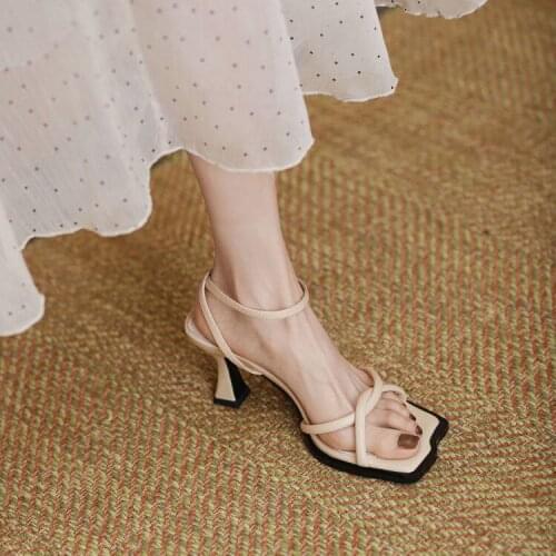 Women Leather High Heel Sandals Sexy Super High Heel Sandals Square Toe Flip Flop Design Ankle Strap Shoes