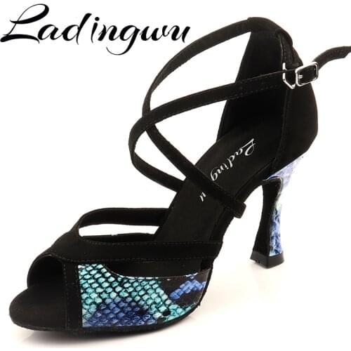 Ladingwu Latin Dance Shoes For Women Black Suede and Blue snake pattern PU Salsa Dance Shoes Womens Ballroom Dance Sandals