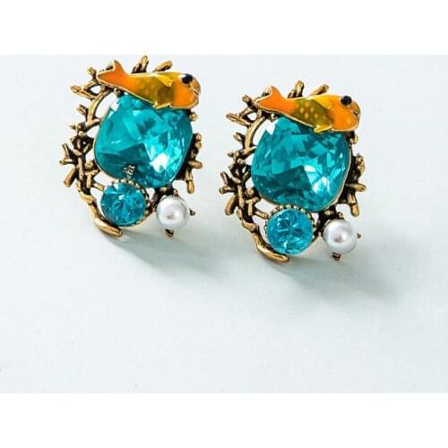 New Vintage Antiqued Gold Color Enameling Little Fish Lake Blue Stud Earrings for Women Girls Fashion Jewelry