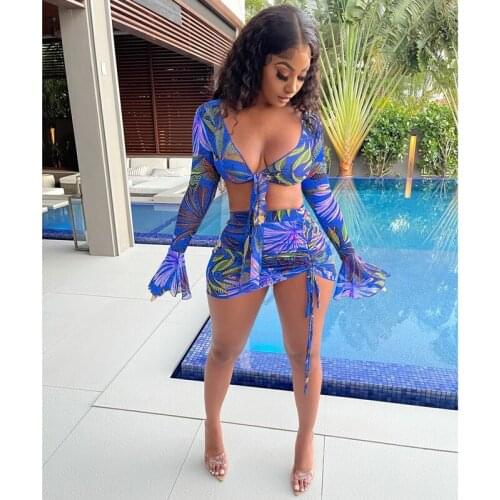 Women Two Piece Set Printed Mesh Tie Up Crop Top and Drawstring Skirt Bodycon Sexy Set Summer