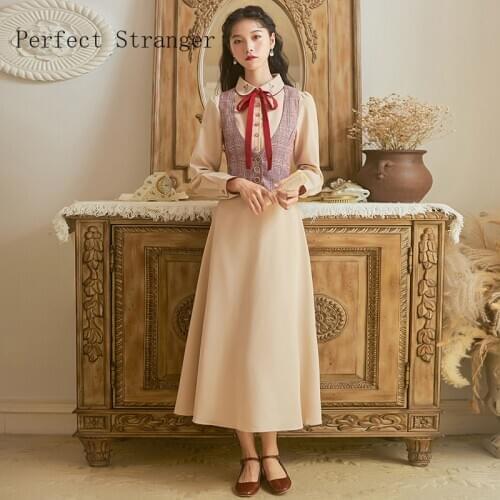2021Spring Autumn New Arrival Two Pieces Plaid Vest +Peter Pan Collar Flower Embroidery Woman Long Dress
