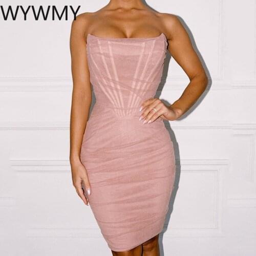 WYWMY Strapless Backless Summer Bodycon Dress Mesh Women Corset Sexy Boned Corset Mini Dresses Elegant Sleeveless Party Clubwear