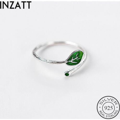 INZATT Real 925 Sterling Silver Green Enamel Leaf Vintage Adjustable Ring Elegant Fine Jewelry For Women Party Accessories Gift